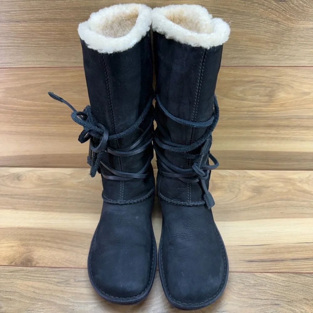 UGG Catalina Tie Lace Mid Calf Boot Womens 5 Black Leather Sherpa Shearling 1664